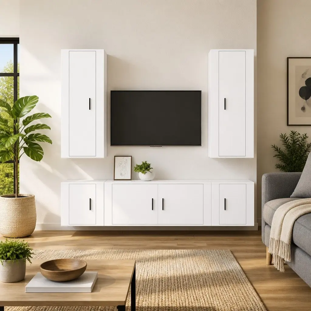 5 Piece TV Cabinet Set Wall Mounted Storage Media Unit White Engineered Wood