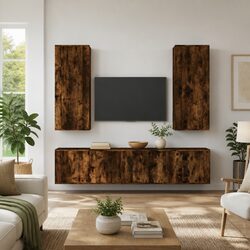 Brown 5 Piece TV Cabinet Set - Wall Mounted Media Storage