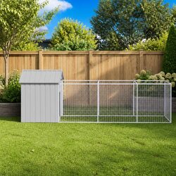 Dog House with Run Mesh Design Galvanised Steel Outdoor Pet Kennel Shelter Grey
