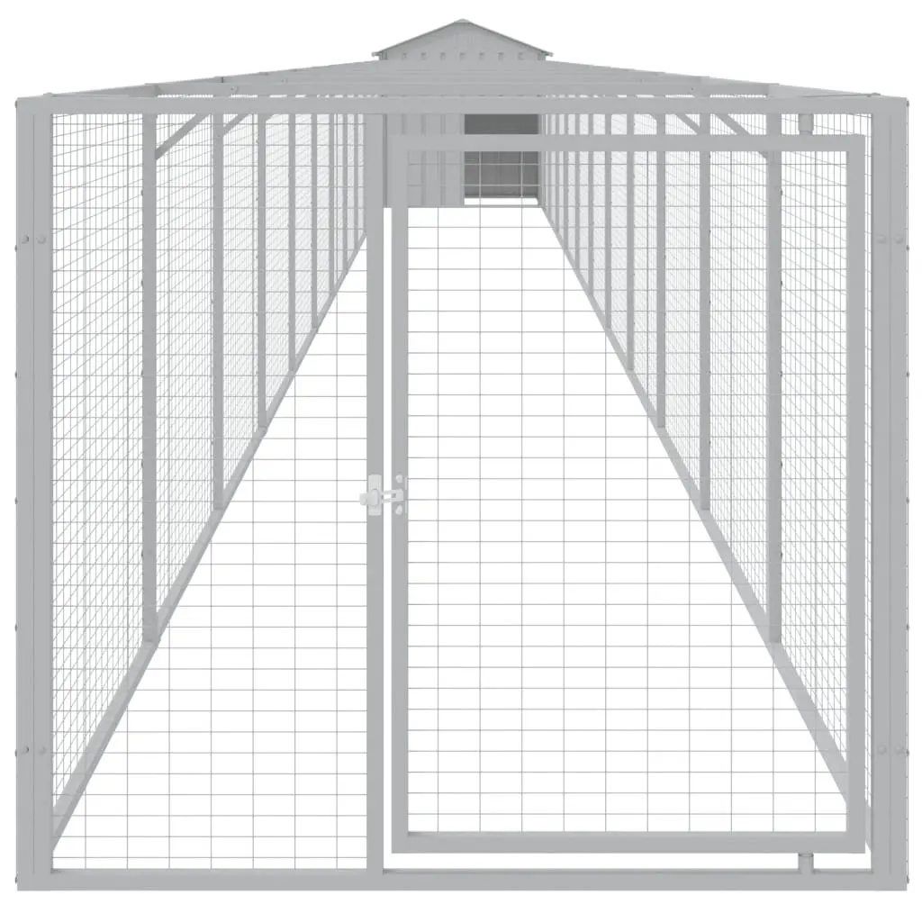 Dog House with Run Mesh Design Galvanised Steel Outdoor Pet Kennel Shelter Grey