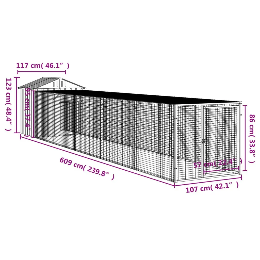 Chicken Cage with Run 117x609x123 cm Grey Galvanised Steel Coop Hen House Pen
