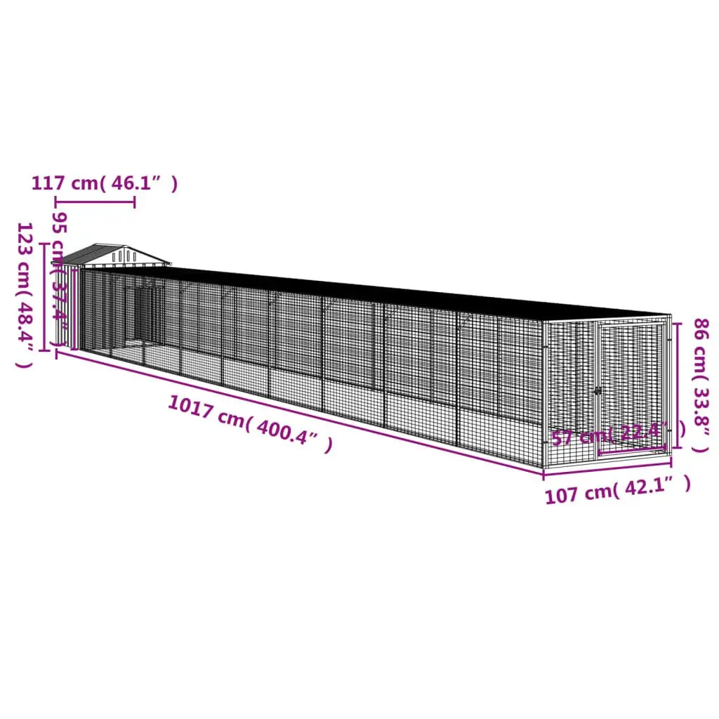 Chicken Cage with Run for Chickens Grey 117x1017x123 cm Galvanised Steel Coop Hen House