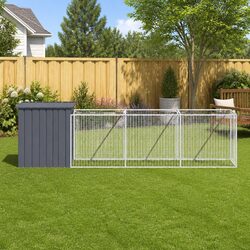 Dog House with Run Anthracite Galvanised Steel Outdoor Pet Cage Kennel Exercise