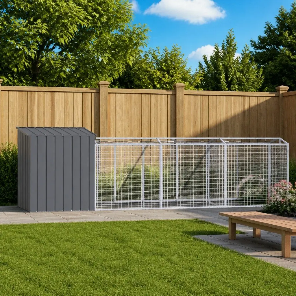 Dog House with Run Outdoor Kennel Anthracite Galvanised Steel 110 x 609 x 110 cm