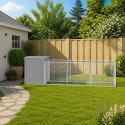 Dog House with Extended Run - Steel Frame, Light Grey