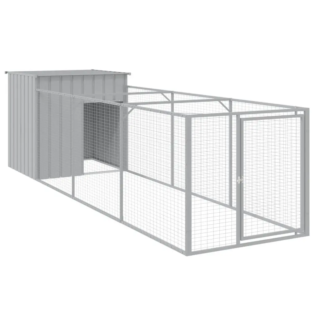 Dog House with Run Light Grey Outdoor Pet Kennel Galvanised Steel Enclosure