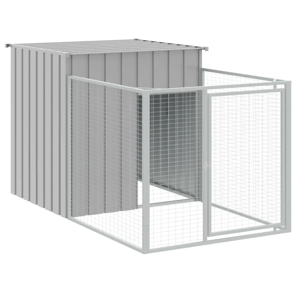 Dog House with Run Light Grey Outdoor Pet Kennel Galvanised Steel Enclosure