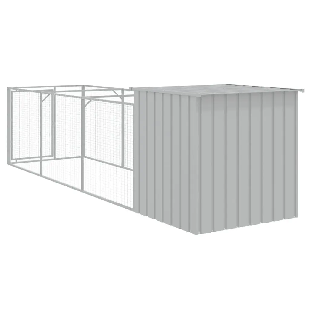 Dog House with Run Light Grey Outdoor Pet Kennel Galvanised Steel Enclosure