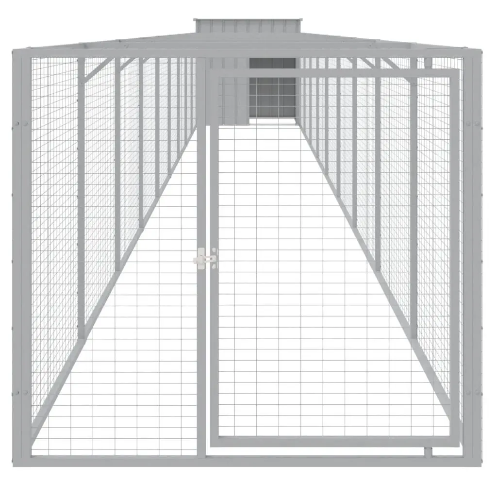 Dog House with Run Outdoor Pet Kennel Galvanised Steel Grey Puppy Enclosure