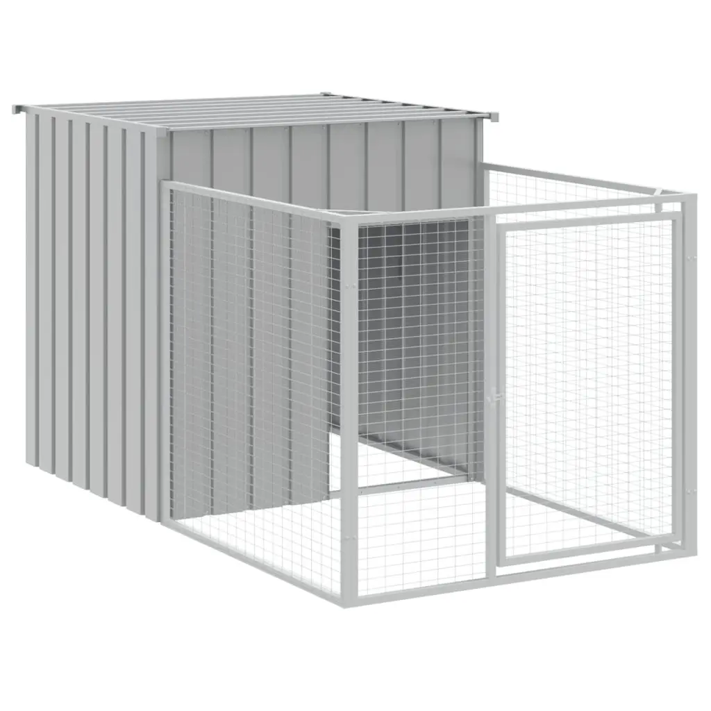Dog House with Run Outdoor Pet Kennel Galvanised Steel Grey Puppy Enclosure