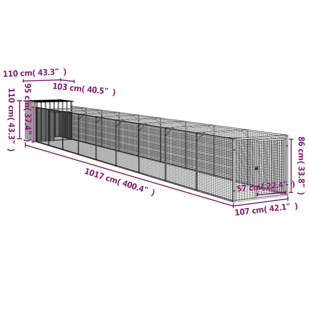 Dog House with Run Outdoor Pet Kennel Galvanised Steel Grey Puppy Enclosure