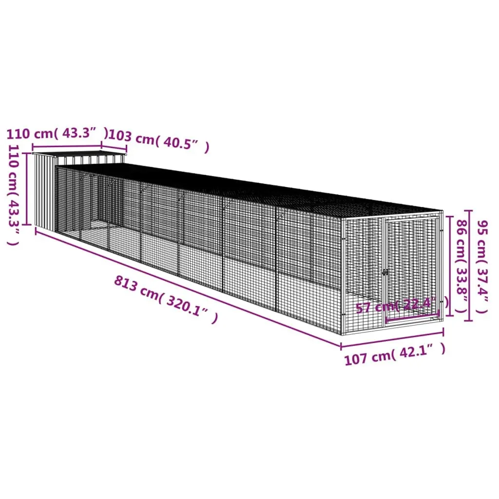 Chicken Cage with Run 110x813x110 cm Galvanised Steel Coop Hen House Grey