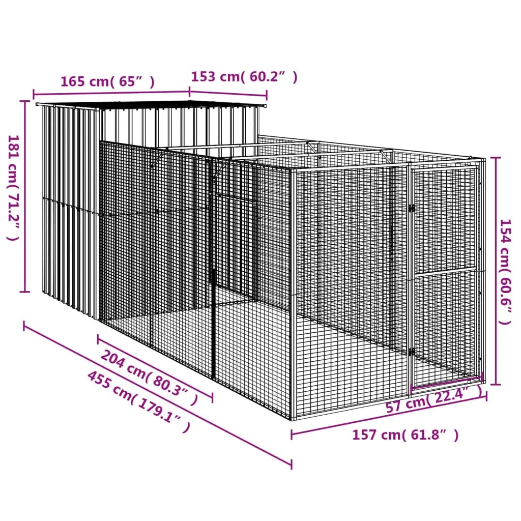 Dog Kennel with Run Outdoor 165x455x181cm Galvanised Steel
