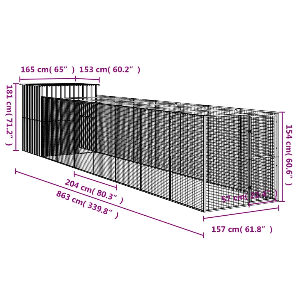 Dog House with Run Outdoor Anthracite Galvanised Steel 165 x 863 x 181 cm