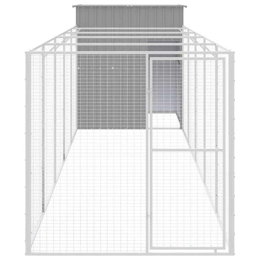 Dog House with Run Light Grey Galvanised Steel Pet Kennel Outdoor Enclosure