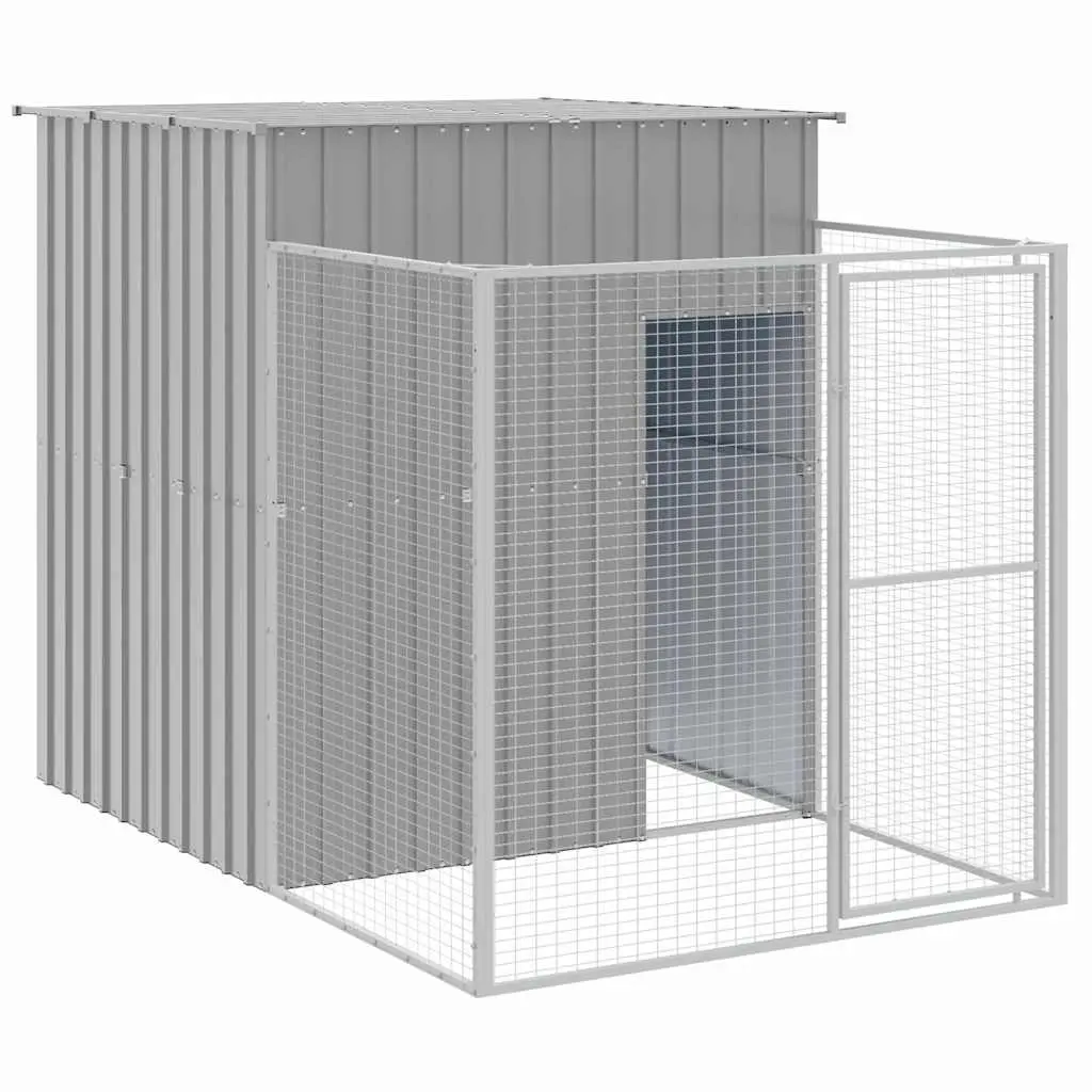 Dog House with Run Light Grey Galvanised Steel Pet Kennel Outdoor Enclosure