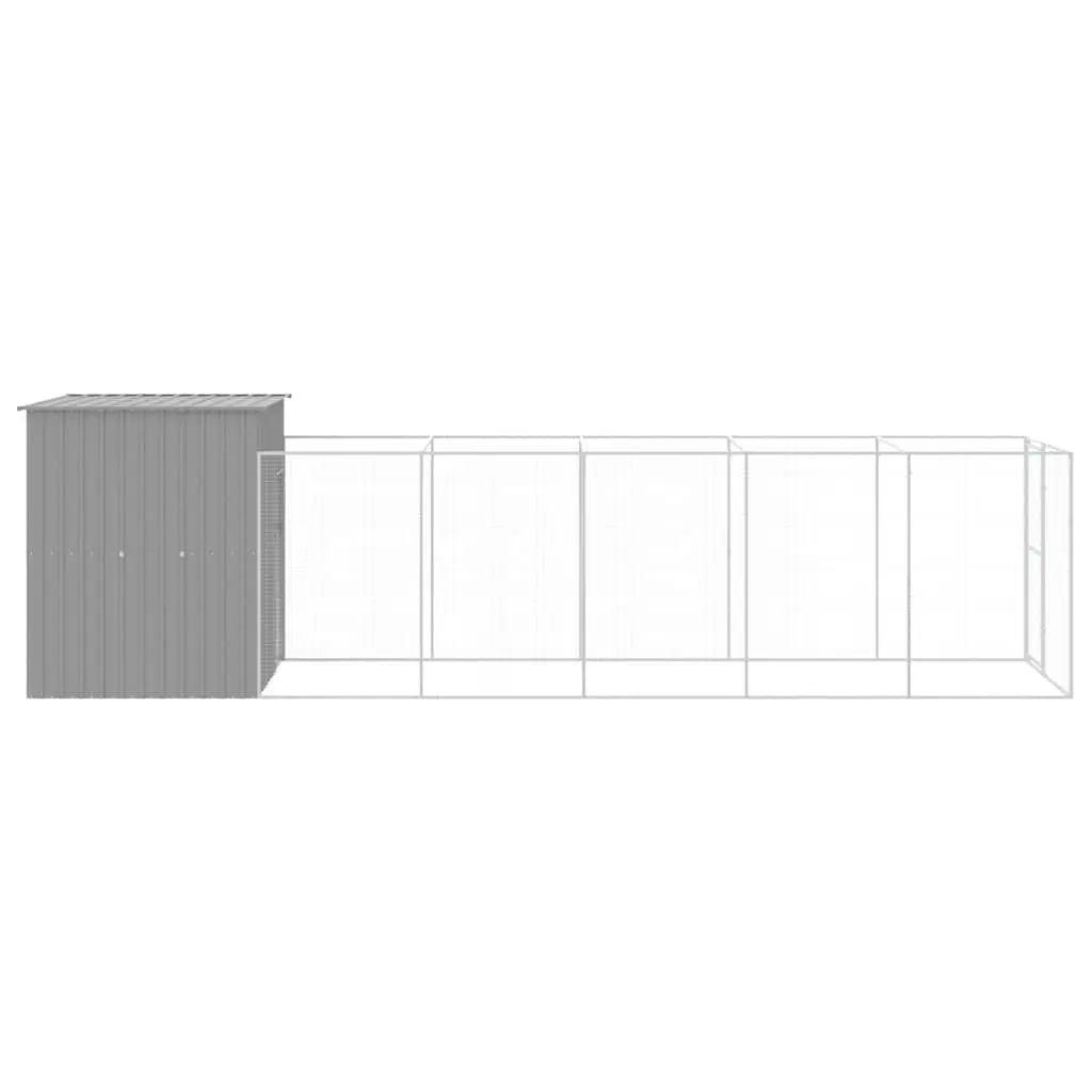 Dog House with Run Light Grey Galvanised Steel Pet Kennel Outdoor Enclosure