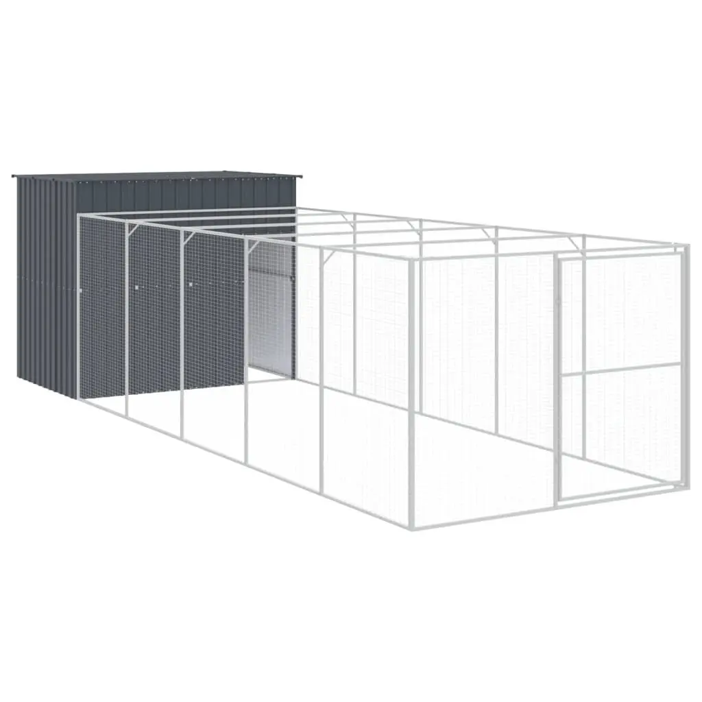 Dog House with Run Anthracite Galvanised Steel Outdoor Pet Enclosure Kennel
