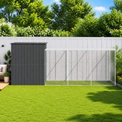 Dog House with Run Anthracite Galvanised Steel Large Outdoor Pet Kennel