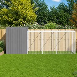 Dog House with Run Outdoor Kennel Light Grey Galvanised Steel Pet Shelter
