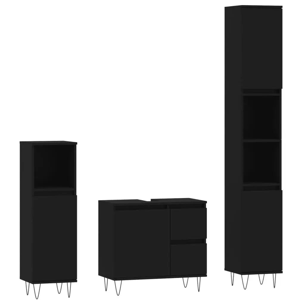 3 Piece Bathroom Furniture Set Black Engineered Wood Cabinet Sink Storage