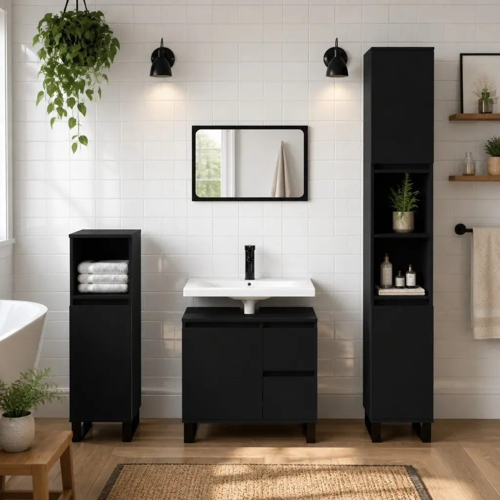 Black Engineered Wood 3 Piece Bathroom Set Cabinets Storage Vanity
