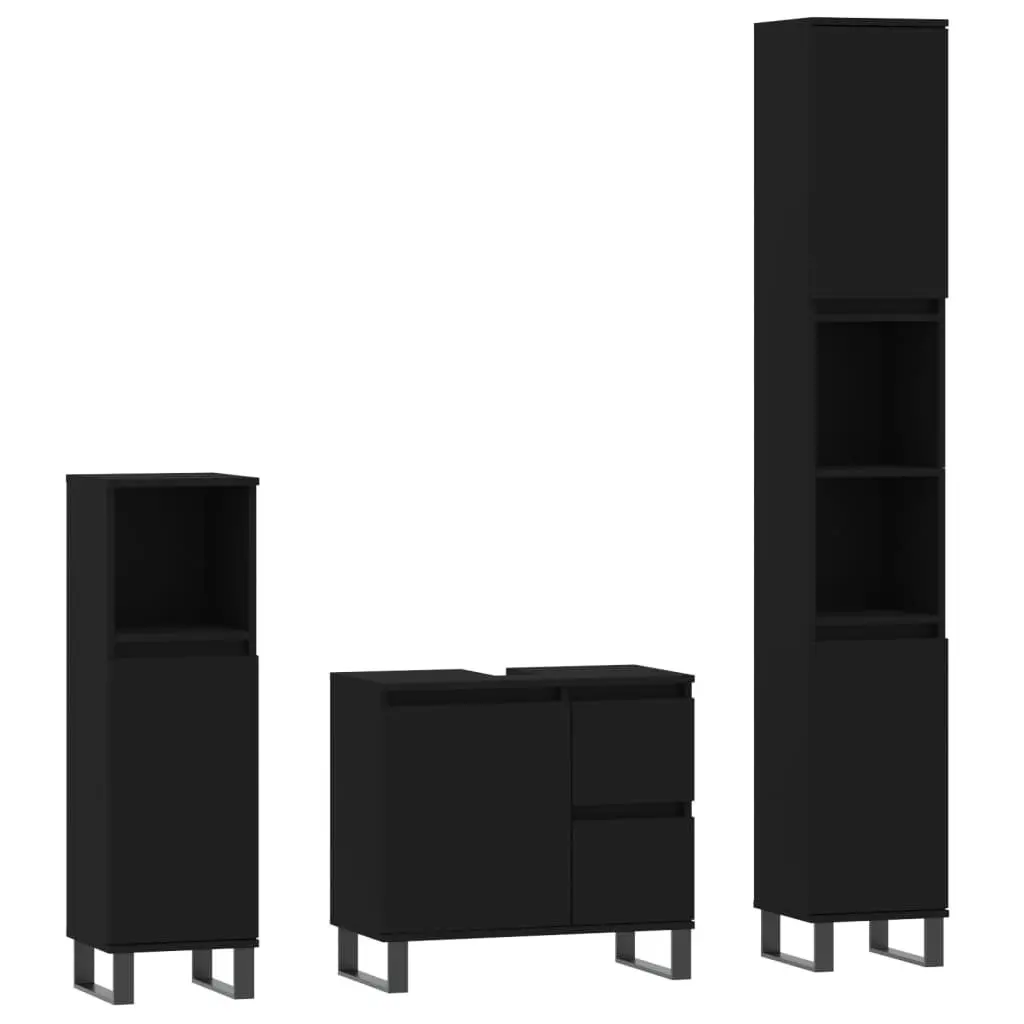 Black Engineered Wood 3 Piece Bathroom Set Cabinets Storage Vanity