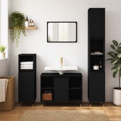 3 Piece Bathroom Furniture Set Black Storage Cabinet Sink Vanity Engineered Wood