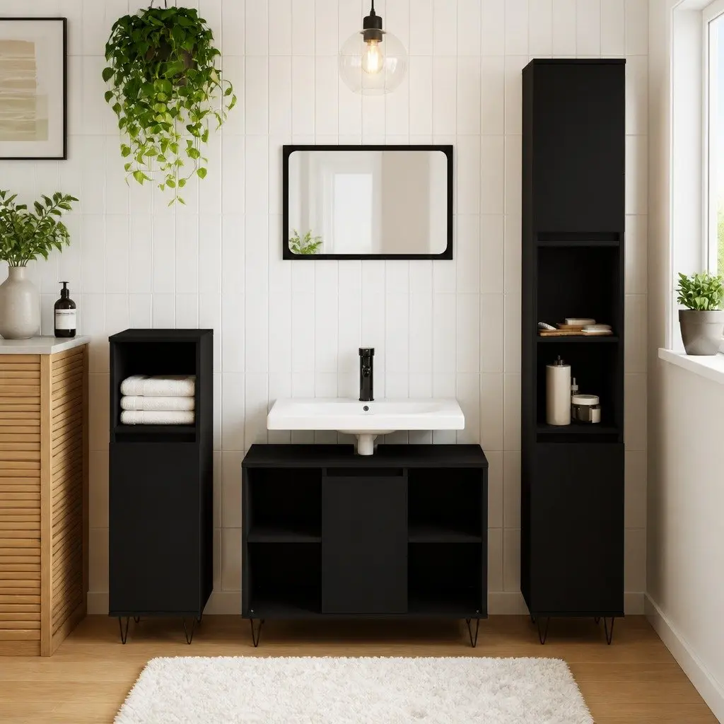 3 Piece Black Engineered Wood Bathroom Set for Storage and Sink Installation