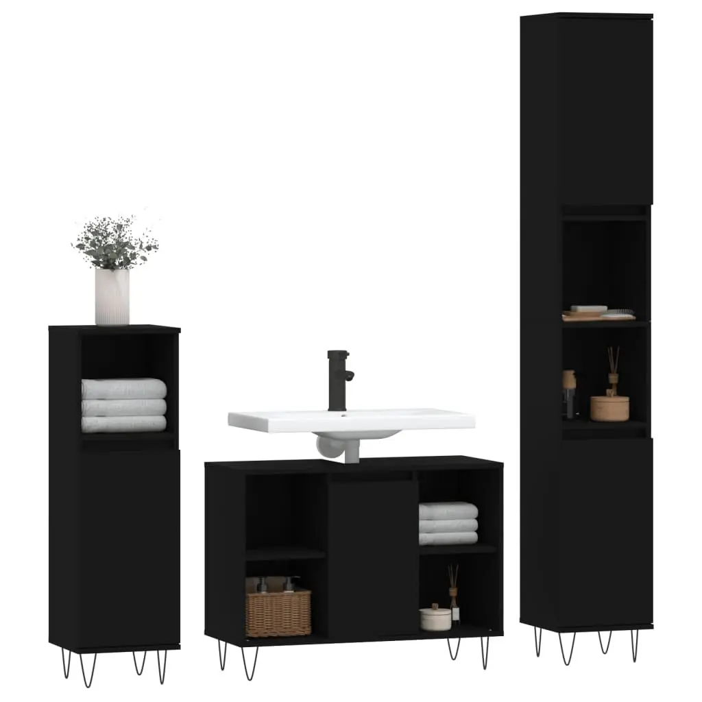 3 Piece Black Engineered Wood Bathroom Set for Storage and Sink Installation