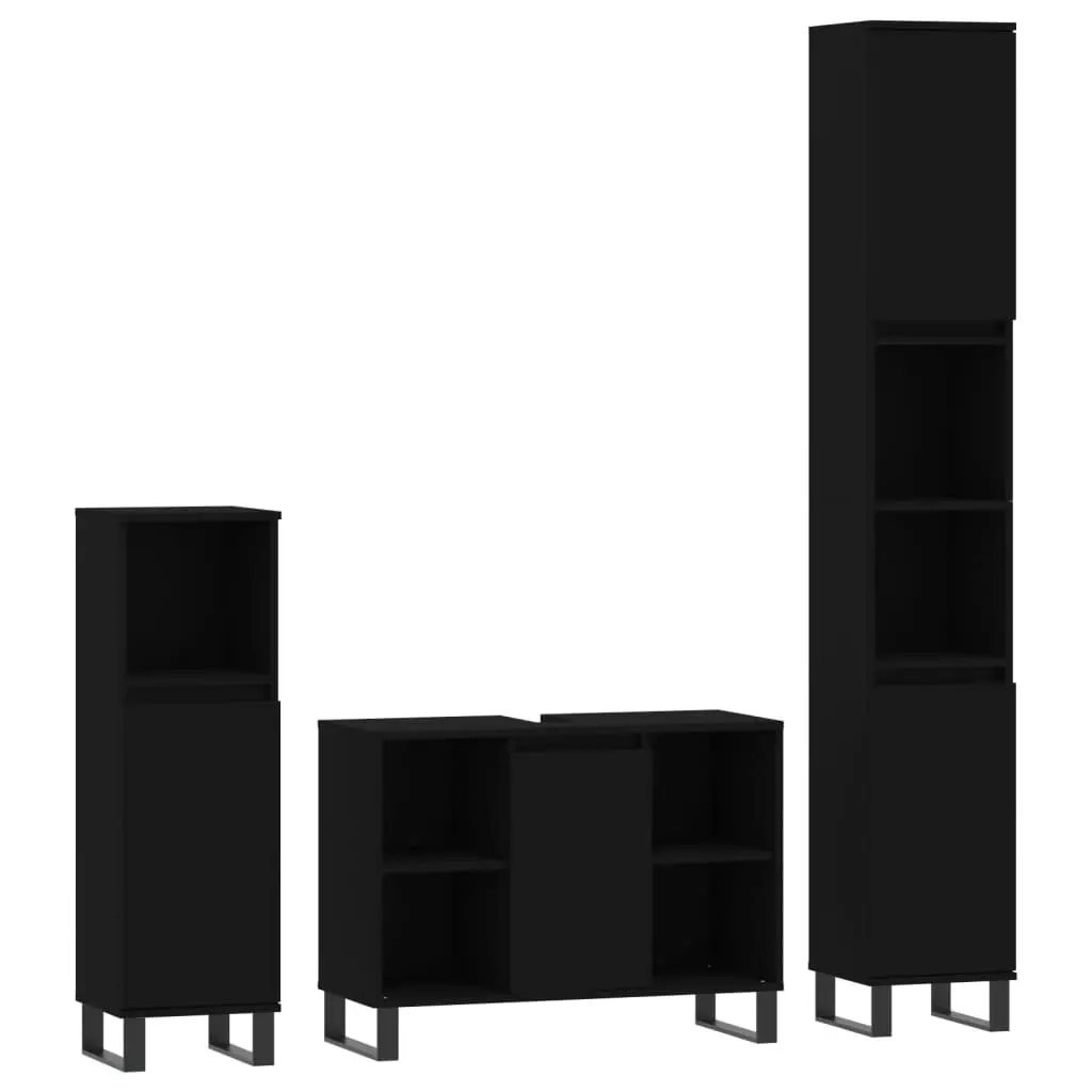 3 Piece Bathroom Furniture Set Black Engineered Wood Cabinet Sink Vanity Storage