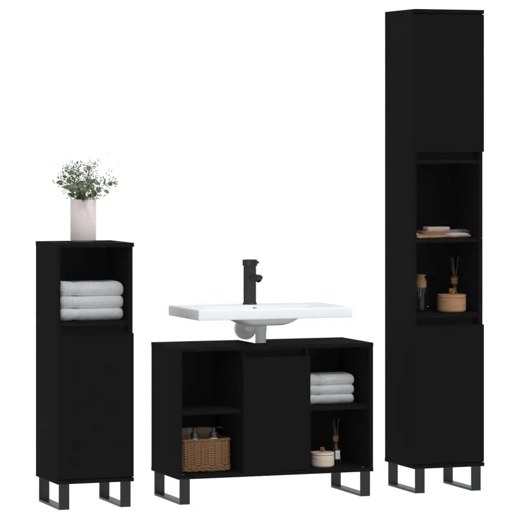 3 Piece Bathroom Furniture Set Black Engineered Wood Cabinet Sink Vanity Storage