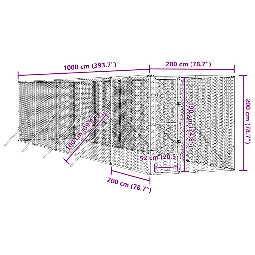 Dog Kennel Enclosure Outdoor 2 x 10 x 2 m Silver Galvanised Steel