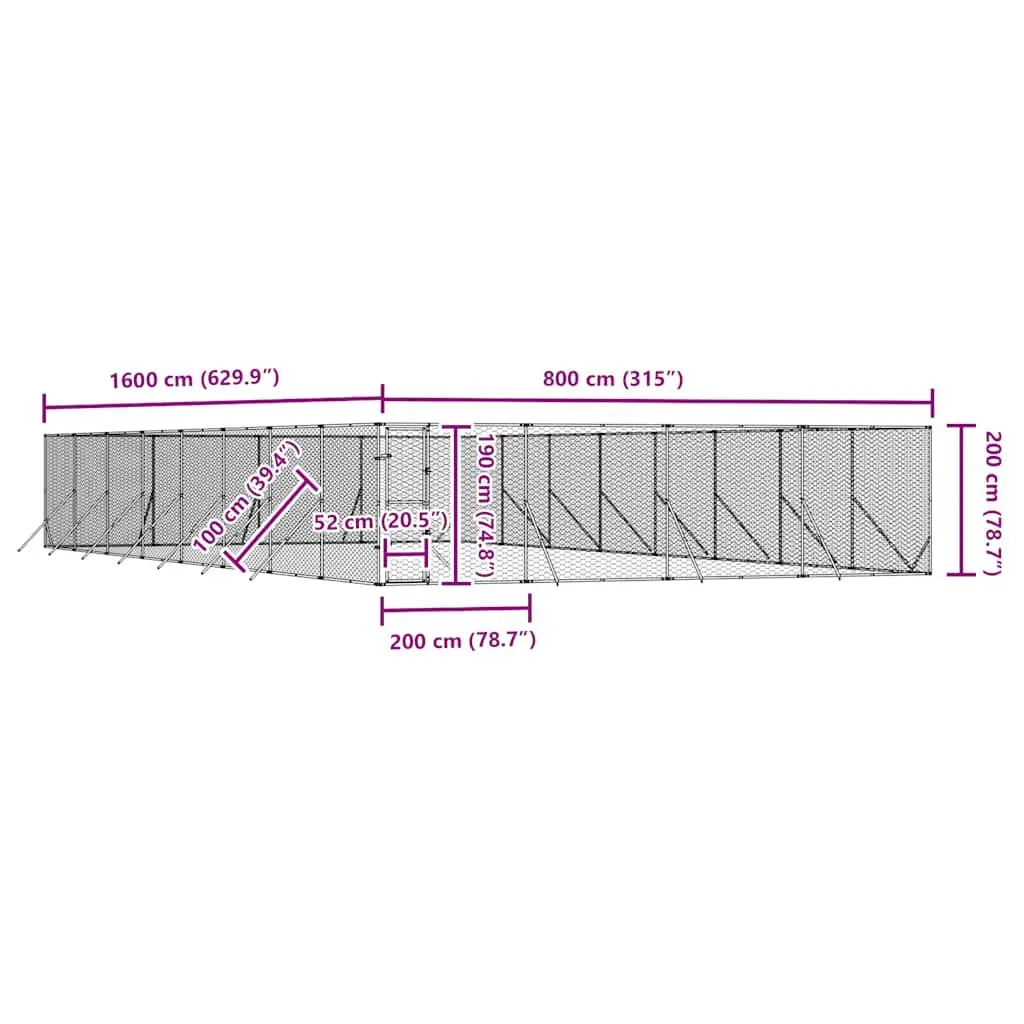 Dog Kennel Outdoor Silver 8x16x2 m Galvanised Steel Enclosure Lockable Door