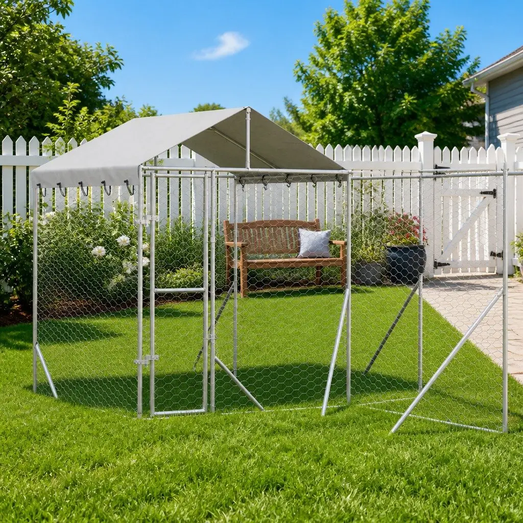 Outdoor Dog Kennel with Roof Silver Galvanised Steel Run Enclosure Shelter