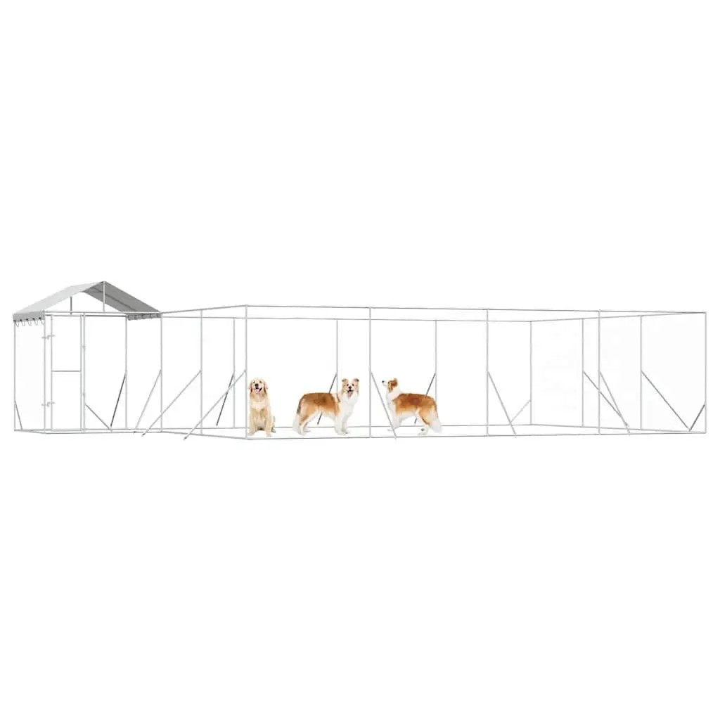 Outdoor Dog Kennel with Roof Silver Galvanised Steel Run Enclosure Shelter