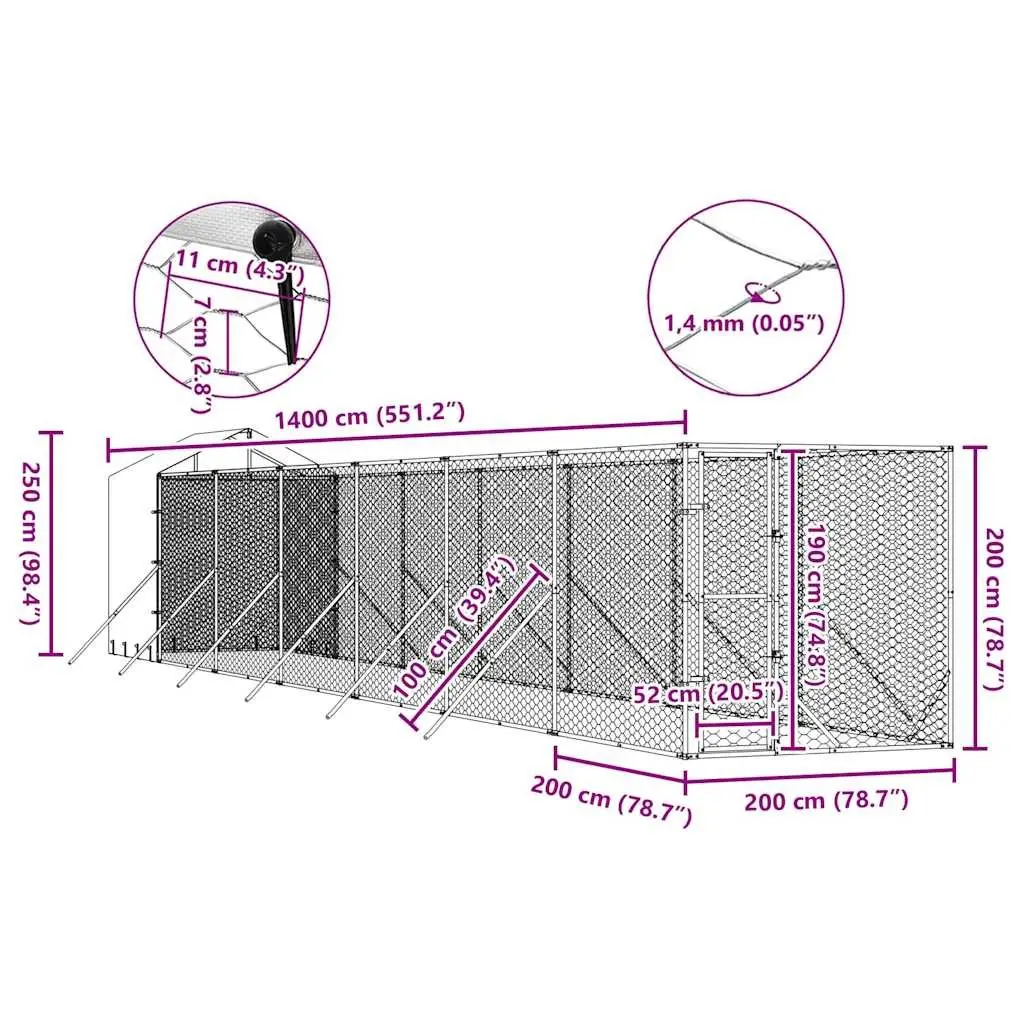 Outdoor Dog Kennel for Dogs 2 x 14 x 2.5 m Silver Galvanised Steel Enclosure