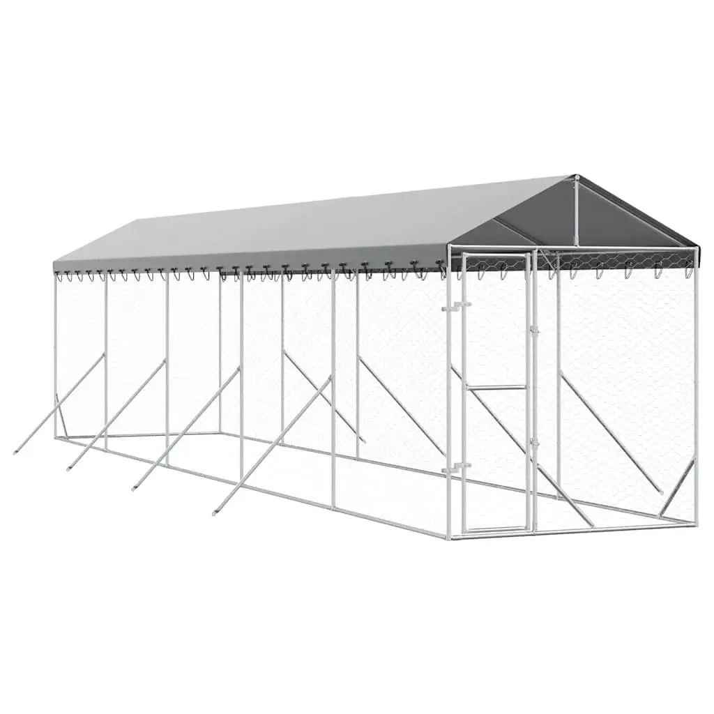 Outdoor Dog Kennel with Roof Galvanised Steel Enclosure Spacious Run Silver