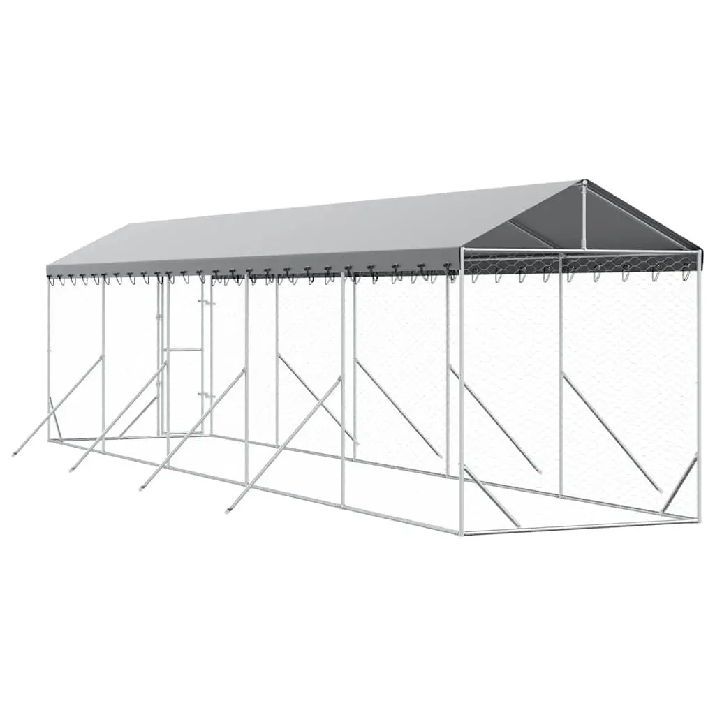 Outdoor Dog Kennel with Roof Galvanised Steel Enclosure Spacious Run Silver