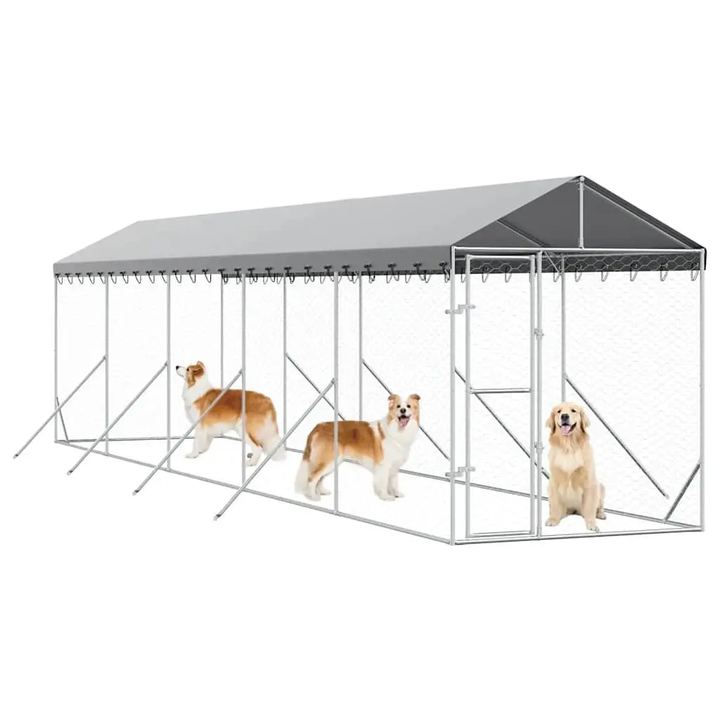 Outdoor Dog Kennel with Roof Galvanised Steel Enclosure Spacious Run Silver