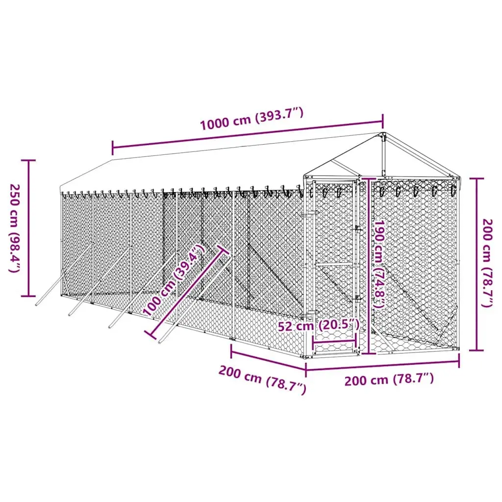 Outdoor Dog Kennel with Roof Galvanised Steel Enclosure Spacious Run Silver