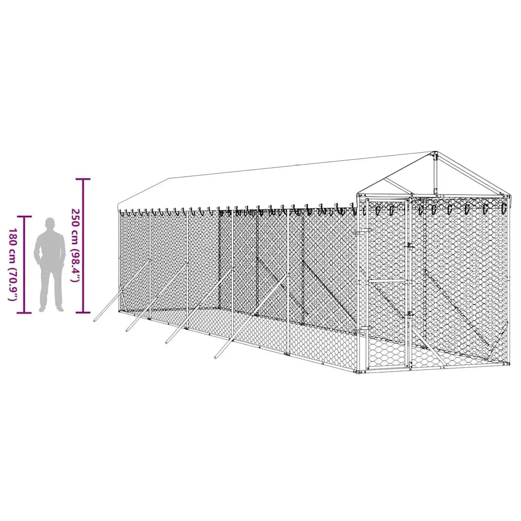 Outdoor Dog Kennel with Roof Galvanised Steel Enclosure Spacious Run Silver