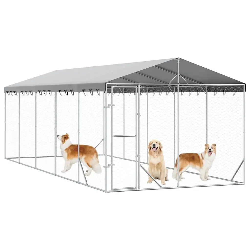 Outdoor Dog Kennel with Roof Silver 3x7.5x2.5m