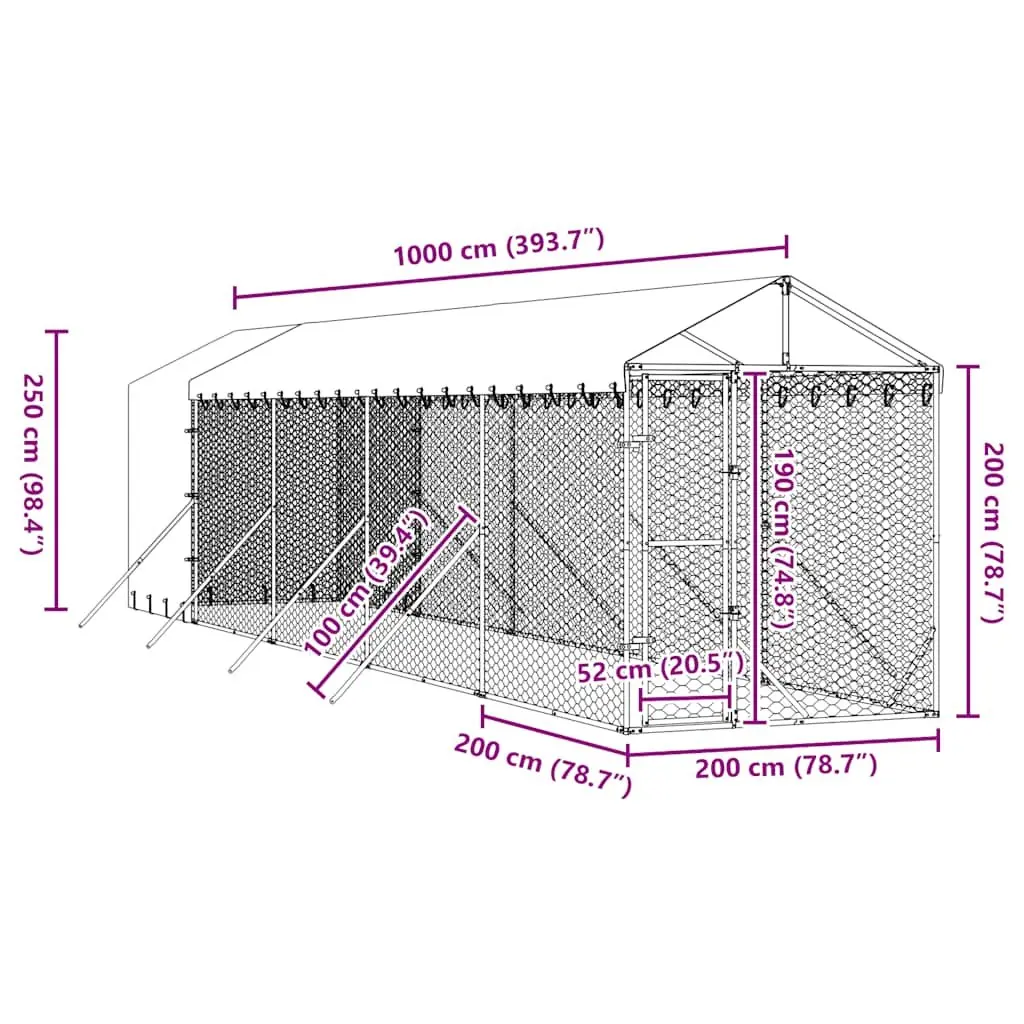 Outdoor Dog Kennel Silver 2x10x2.5m Galvanised Steel Enclosure Run