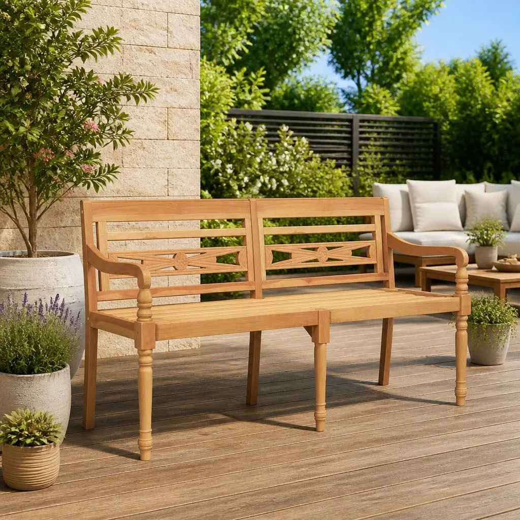 Outdoor Bench 150cm Wooden Garden Seating with Armrests Backrest Curved Design