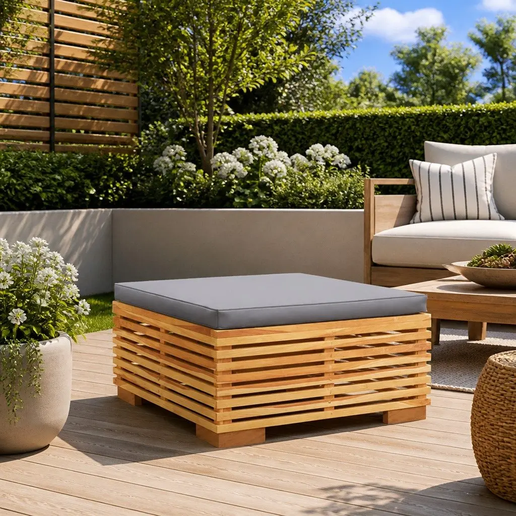 Garden Footrest Ottoman Outdoor Patio Solid Teak Wood with Dark Grey Cushion