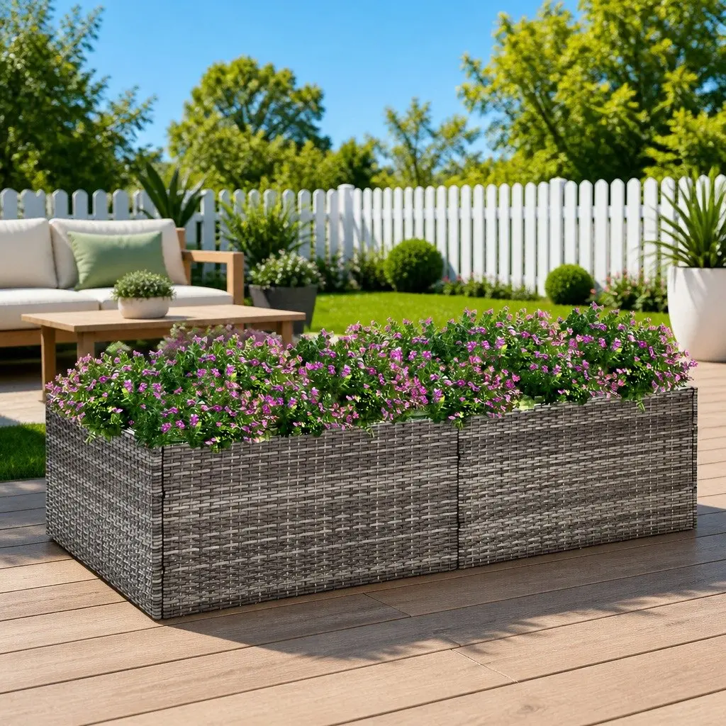 Garden Planter Box Outdoor Grey Poly Rattan Raised Bed 157L x 80W x 40H cm