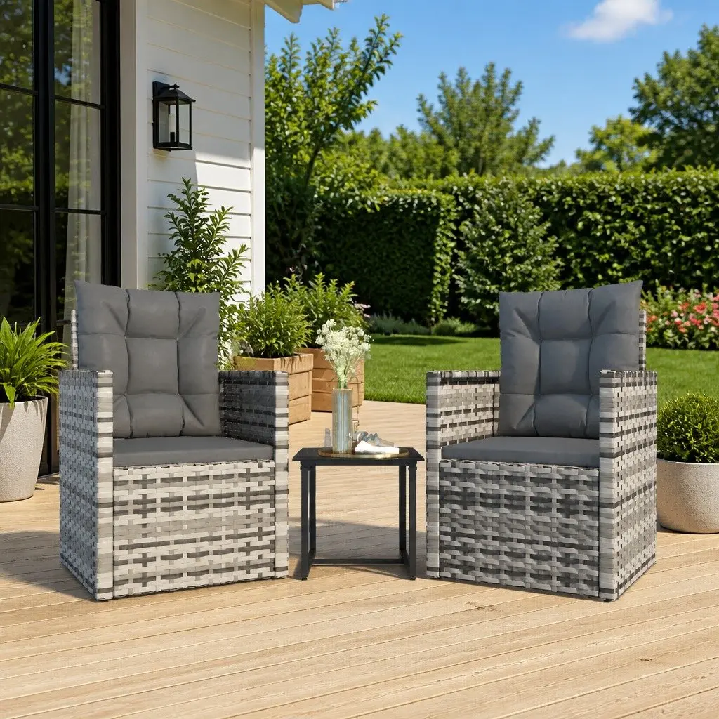 Poly Rattan Outdoor Lounge Set 3 Piece Grey Seating with Cushions and Table