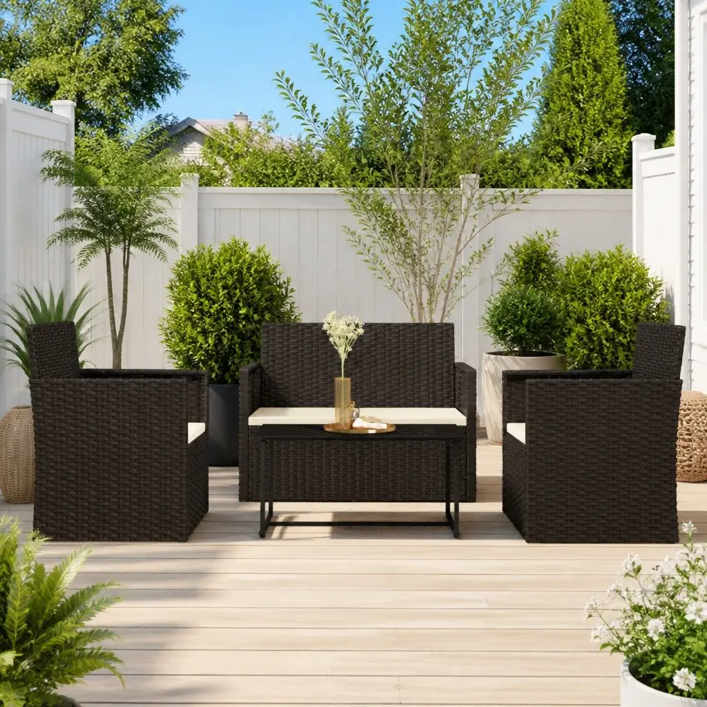Outdoor Lounge Set Garden Use 4 Piece Black Poly Rattan Furniture with Cushions