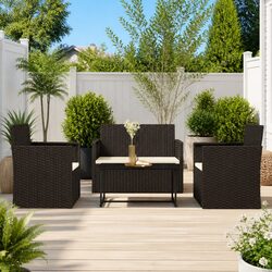 Outdoor Lounge Set 4 Piece Poly Rattan Garden Furniture with Cushions Black